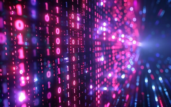 Abstract digital background with glowing binary code in pink and blue hues.