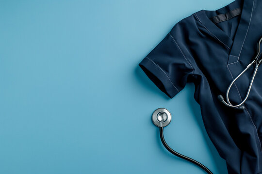 a folded doctor's uniform lies on the table and a one stethoscope 