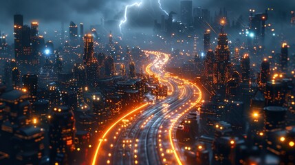 Fototapeta premium Futuristic Cityscape with Lightning and Rain