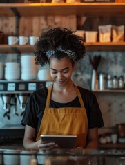 A woman in an apron looks at a tablet, possibly searching for recipes or watching cooking tutorials