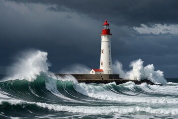 A lighthouse surronded by huge wave breaking during a storm, dramatic shot © ThomasLENNE