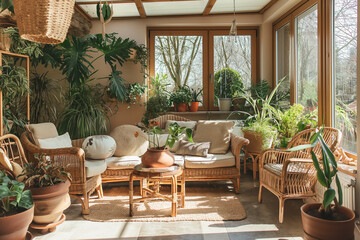 Fototapeta premium Sunroom filled with tropical plants interior