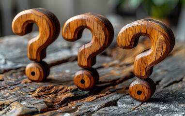 Three wooden question marks are arranged on a wooden surface