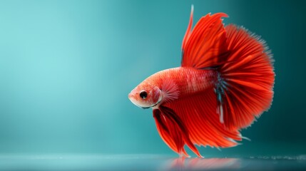 Vibrant red Betta fish gracefully swimming against a serene blue background in an aquarium, showcasing its beautiful fins and vivid color.