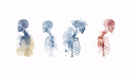 Hand-drawn schematic showing the effects of osteoporosis on the human bones, watercolor style, on a white background