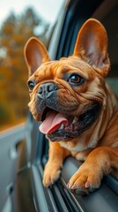 A French Bulldog with its head out of a car window, enjoying the breeze while on a road trip through a scenic area, displaying joyful excitement.