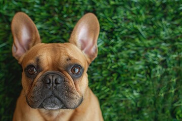 Fototapeta premium Bright French bulldog on a background of green grass. French bulldog puppy lies on the grass. View from above. Pet. Animal
