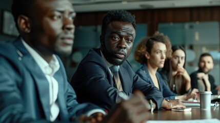 A group of people gathered around a wooden table, perfect for meetings, conferences, or team discussions