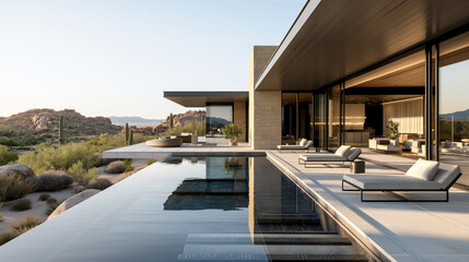 Fototapeta premium Modern desert villa with infinity pool and sun loungers, surrounded by cacti and rocky landscape