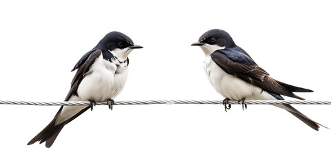 Two swallows sitting on a wire isolated on transparent background.