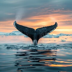 Fototapeta premium Humpback whale dives and shows the tail in Atlantic ocean, western Greenland. Wildlife of Greenland. Summer seascape