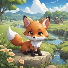 Obraz premium Adorable chibi fox in a scenic countryside, classic anime illustration, fine details, ultra sharpness