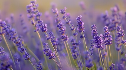 Fototapeta premium Fragrant blue lavender flowers blossoming on vast field in peaceful summer farmland. 
