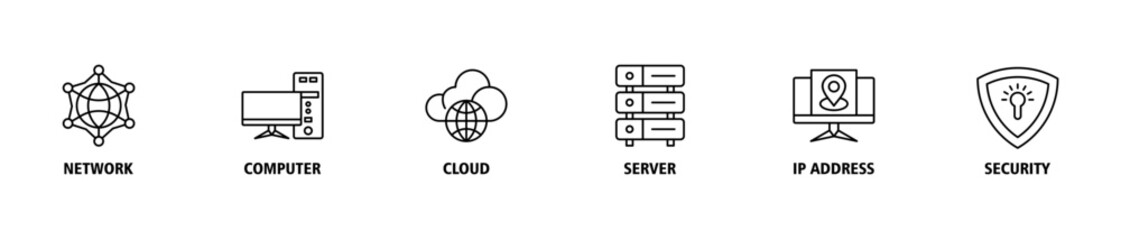 Network technology banner web icon set vector symbol illustration concept with icon of network, computer, cloud, server, ip address and security