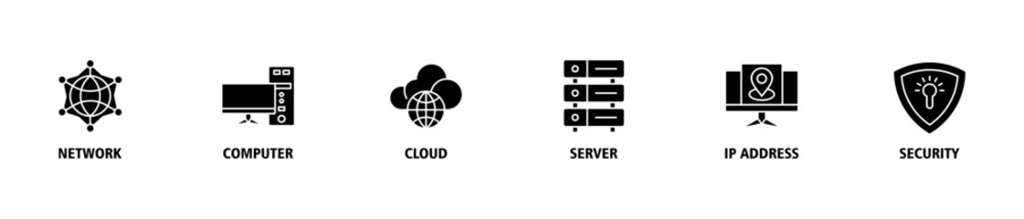 Network technology banner web icon set vector symbol illustration concept with icon of network, computer, cloud, server, ip address and security