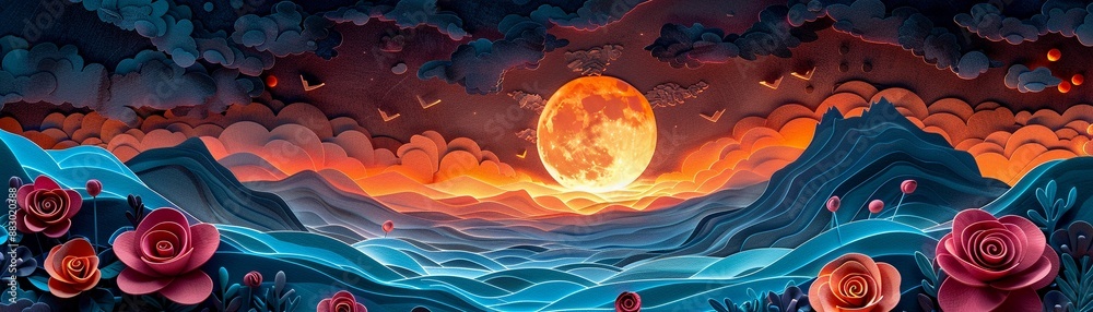 Wall mural a magical 3d papercut night scene of a mountain with roses and a radiant moon, using multiple layers