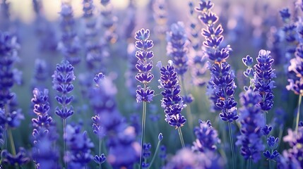 Fototapeta premium Fragrant blue lavender flowers blossoming on vast field in peaceful summer farmland. 
