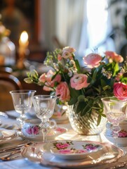 Fototapeta premium Pink flowers add elegance to a formal dinner setting