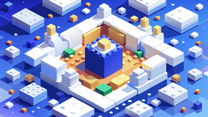 White background, white space in the center of picture. A pile of colorful blocks scattered all over the place. The bricks of different shapes and sizes to show diversity.