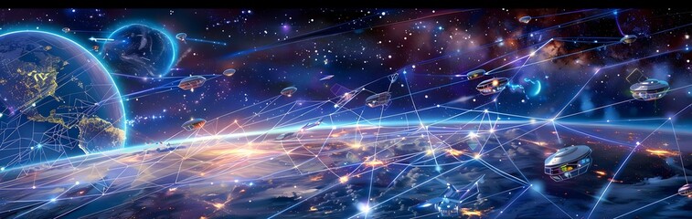 Obraz premium Futuristic solar planet with an interconnected network of space habitats, orbiting the planet in perfect harmony 