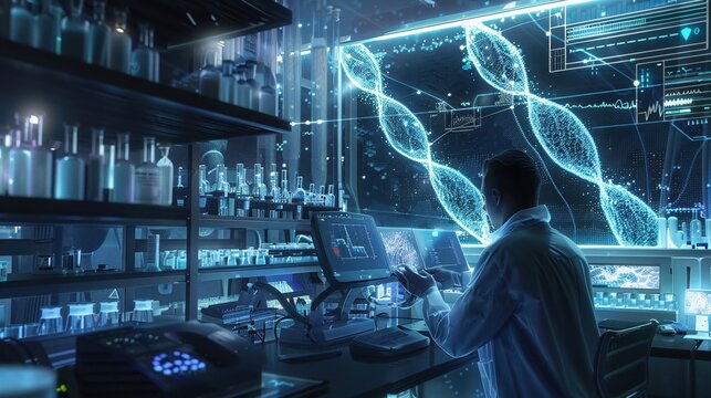 AIdriven genetic research, scientist with holographic data, advanced medical lab - Powered by Adobe