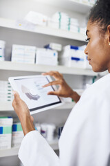 Obraz premium Woman, scroll or tablet with screen in pharmacy for stock inspection, report for medicine inventory. Female pharmacist, drug store or mockup for digital record of health information or pills research