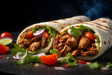 A flavor-packed chicken shawarma rolls—grilled chicken, fresh veggies, and herbs—nestled in soft durum bread. The dark plate sets off the vibrant colors