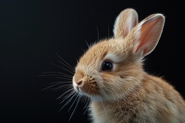 Obraz premium Brown rabbit on black background. A fluffy little rabbit in a photo studio. Close-up. Professional photo. Pet.