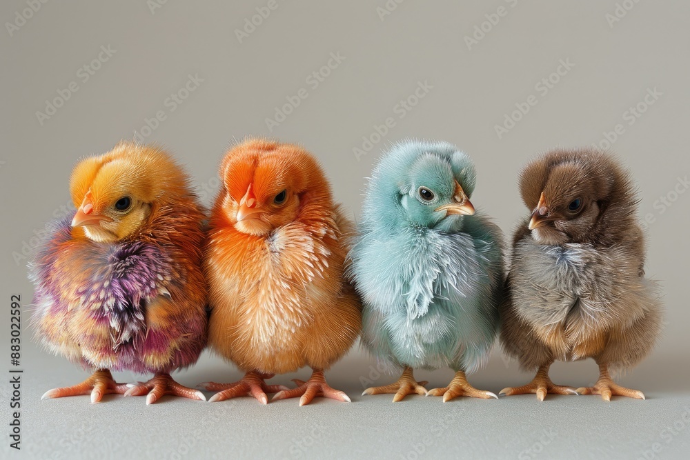 Wall mural Four colored chicks. Multicolored little chickens on light background. Painted Pet. Native bird.