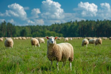 Obraz premium Flock of sheep on green grass on the background of the forest. Sheep graze on a green field against the background of trees. Wool. Village. Pet.