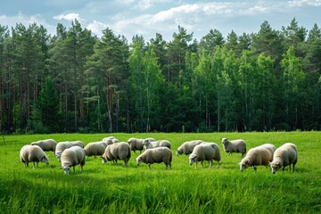 Obraz premium Flock of sheep on green grass on the background of the forest. Sheep graze on a green field against the background of trees. Wool. Village. Pet.