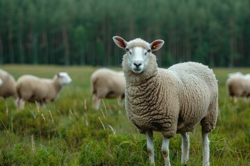 Obraz premium Flock of sheep on green grass on the background of the forest. Sheep graze on a green field against the background of trees. Wool. Village. Pet.