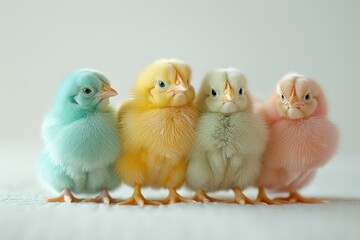 Naklejka premium Four colored chicks. Multicolored little chickens on light background. Painted Pet. Native bird.