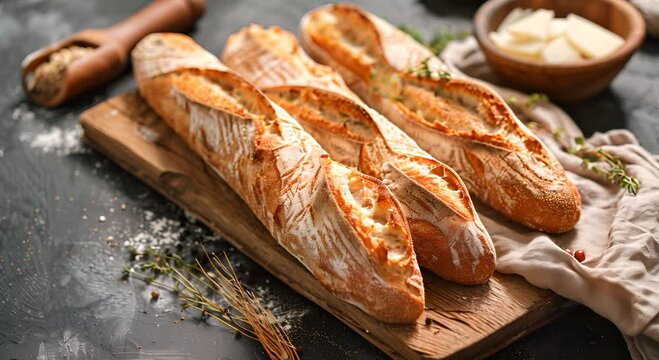 Freshly baked French baguette on a wooden board