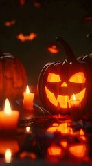 Fototapeta premium Glowing jack-o'-lanterns with sinister grins surrounded by lit candles. Dark background with soft light reflections enhancing the spooky Halloween ambiance.