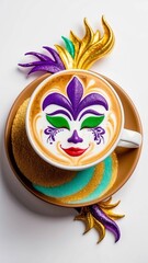 A cup of coffee with an artistic Mardi Gras mask design on the foam