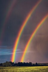 Fototapeta premium Two vibrant rainbows arc across the sky at dusk, framed by dark clouds and a lush green field below, with light rain visible in the background.
