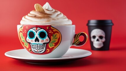 A colorful Day of the Dead-themed coffee cup with whipped cream on a red background, accompanied by a black cup with a skull design