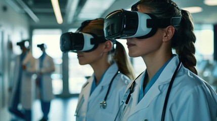 Virtual reality health education, medical students with immersive headsets, futuristic training