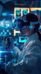 Virtual reality medical research, scientist with immersive tools, advanced lab