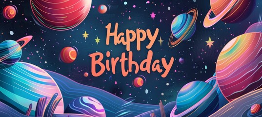 Futuristic Sci-Fi Birthday Background with Planets, Stars, and Galactic Elements for Celebrations