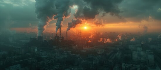 Obraz premium Industrial Sunset Over Smog-Filled City