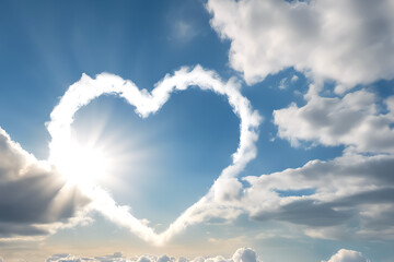 A Heart Shaped Cloud illuminated by Sunlight in the Blue Sky on a Bright and Joyful Day
