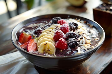 Acai bowl topped with sliced bananas, berries, and coconut flakes, a delicious and nutritious breakfast choice.
