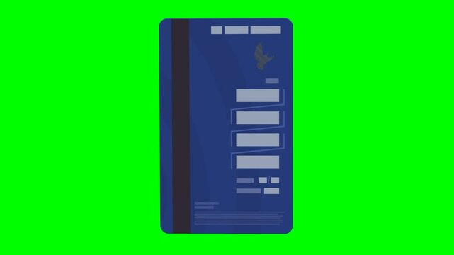 Appearance of a blue bank card (2023 version) on the front side with its electronic chip from the bottom to turn over to its back side on a green screen with alpha channel (flat design)