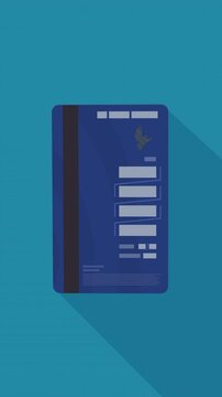 Appearance of a blue bank card (2023 version) on the front side with its electronic chip from the bottom to turn onto its back side on a blue background with long shadow (flat design)