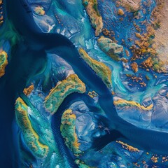 Naklejka premium River delta flowing into the blue pond. Top view. Aerial photography.