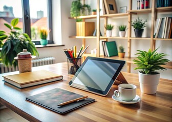 Fototapeta premium A modern digital art studio setup with a sleek tablet and stylus lying on a clutter-free desk, surrounded by inspirational art and design books.