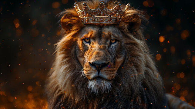 Lion king with a golden crown on a fire background, lion of Judah, perfect as wallpaper 