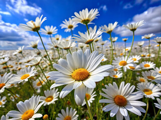 daisies against sky, summer, camomile, spring, plant, chamomile, white, flowers, blossom, field, yellow, garden, meadow, grass, flora